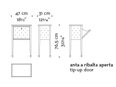 Dimensions of Scrigno, a bedside table covered in fabric with a shelf, from the Promemoria's catalogue | Promemoria