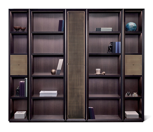 Nightwood is a wooden modular bookcase with bronze details, from Promemoria's Night Tales collection | Promemoria