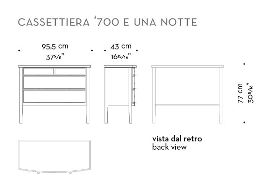 Dimensions of Cassettiera '700, a wooden chest of drawers covered in leather or galuchat with bronze knobs, from Promemoria's catalogue | Promemoria