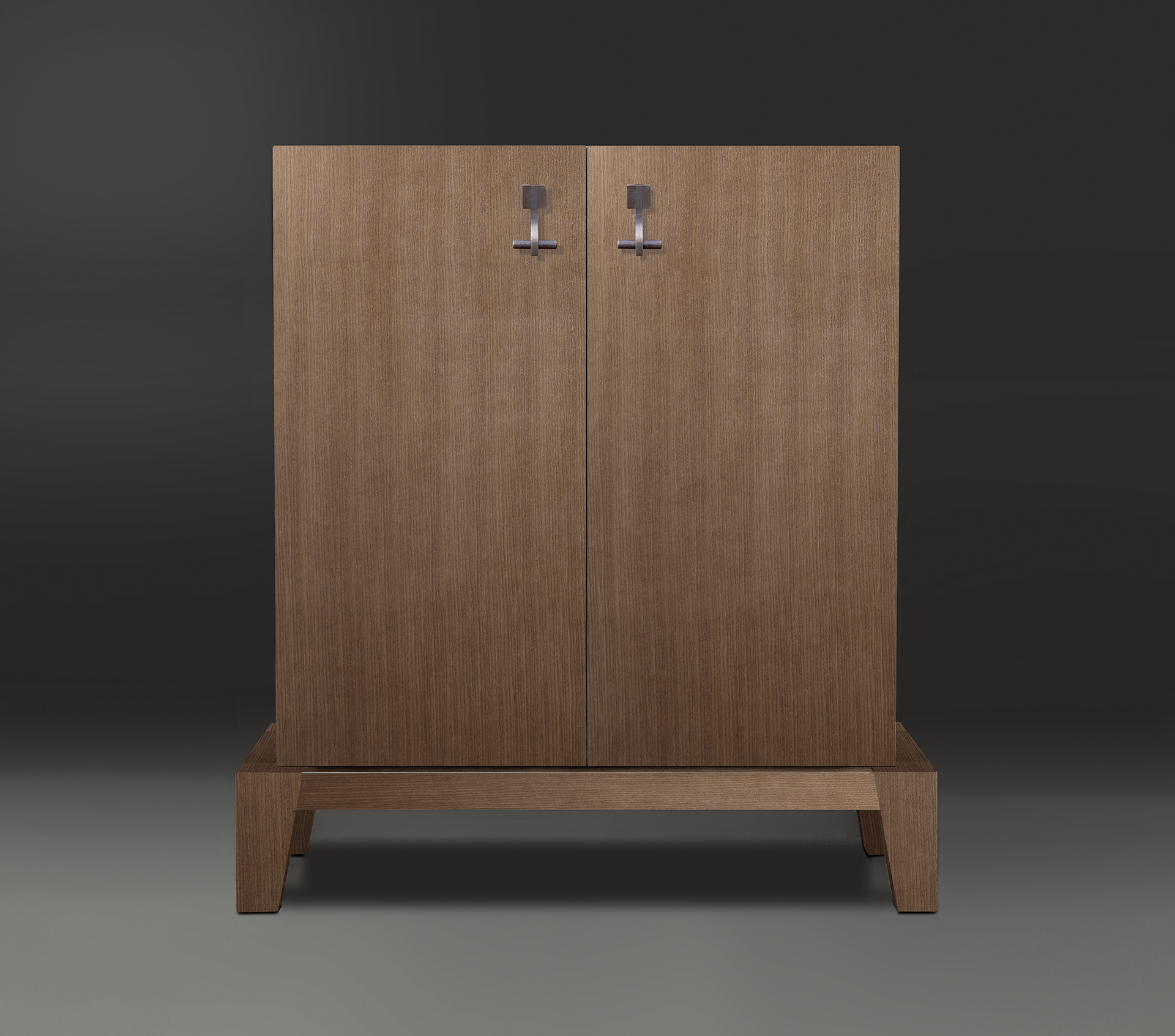 Detail of Amarcord in light grey mahogany with doors inlaid in amaranth wood, light grey mahogany and teak. 