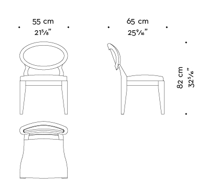 Dimensions of Anima without armrests, a wooden and fabric or leather dining chair available with different combinations of fabrics and colors, from Promemoria's catalogue | Promemoria