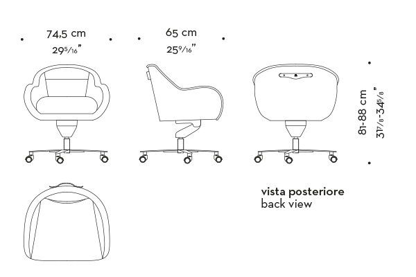 Dimensions of Vittoria, an office chair with a metal or bronze base, covered in fabric or leather with a bronze handle on the back, from Promemoria's catalogue | Promemoria