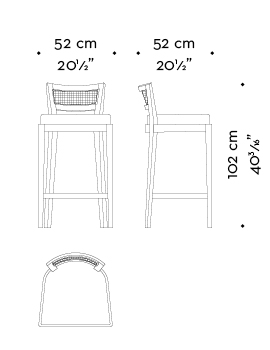 Dimensions of Caffè, a wooden stool with straw back and fabric or leather seat, from Promemoria's catalogue | Promemoria