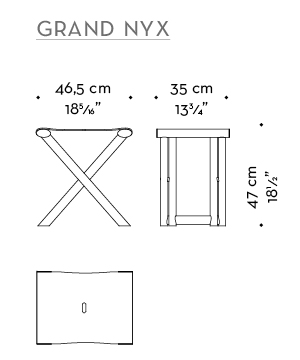 Dimensions of Grand Nyx, a folding wooden stool with bronze details and leather seat, from Promemoria's Night Tales collection | Promemoria