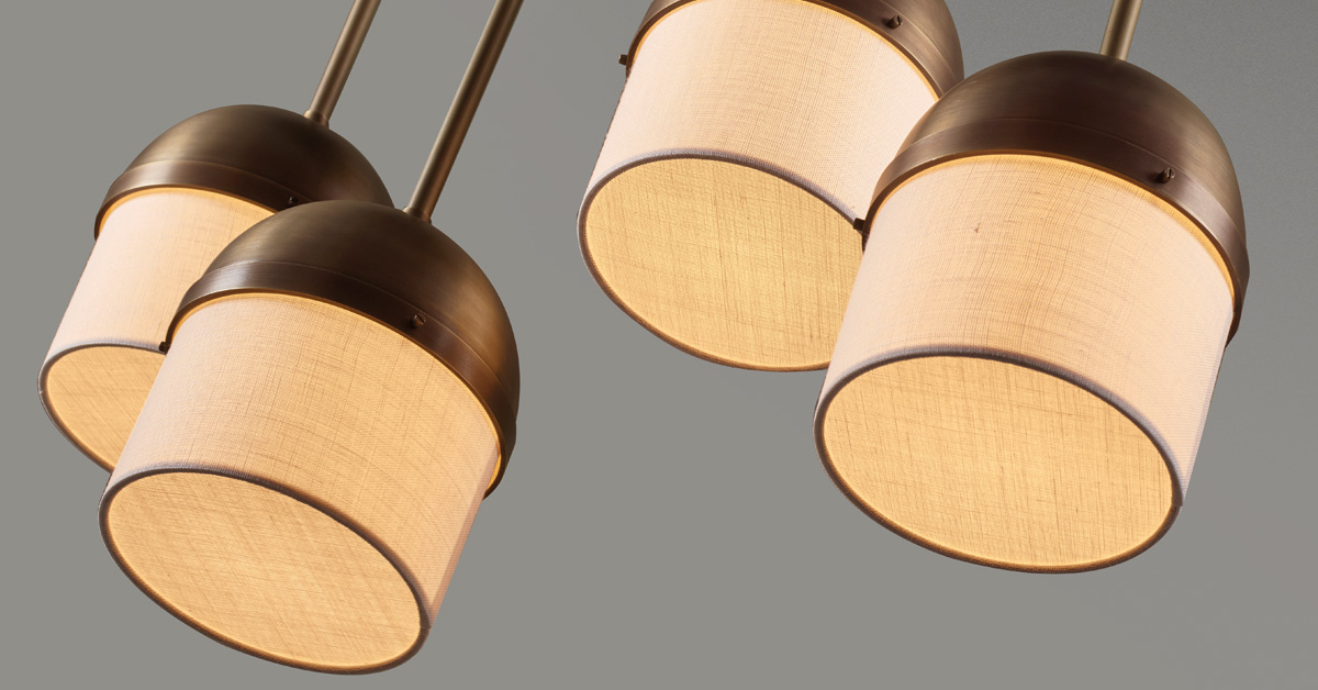 Ombretta is a bronze hanging LED lamp with linen, cotton or silk lampshades, from Promemoria's catalogue | Promemoria
