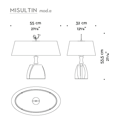 Dimensioni di Misultin, lampada da tavolo a LED con struttura in bronzo e paralume in lino, cotone o seta bordata a mano, del catalogo di Promemoria | Promemoria