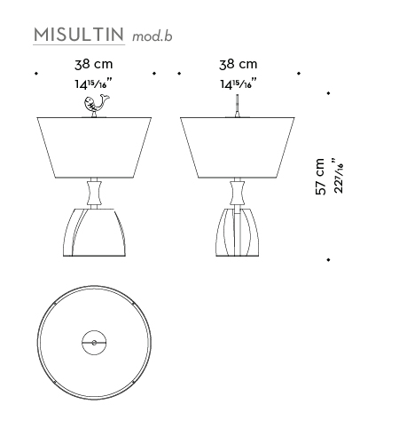 Dimensioni di Misultin, lampada da tavolo a LED con struttura in bronzo e paralume in lino, cotone o seta bordata a mano, del catalogo di Promemoria | Promemoria