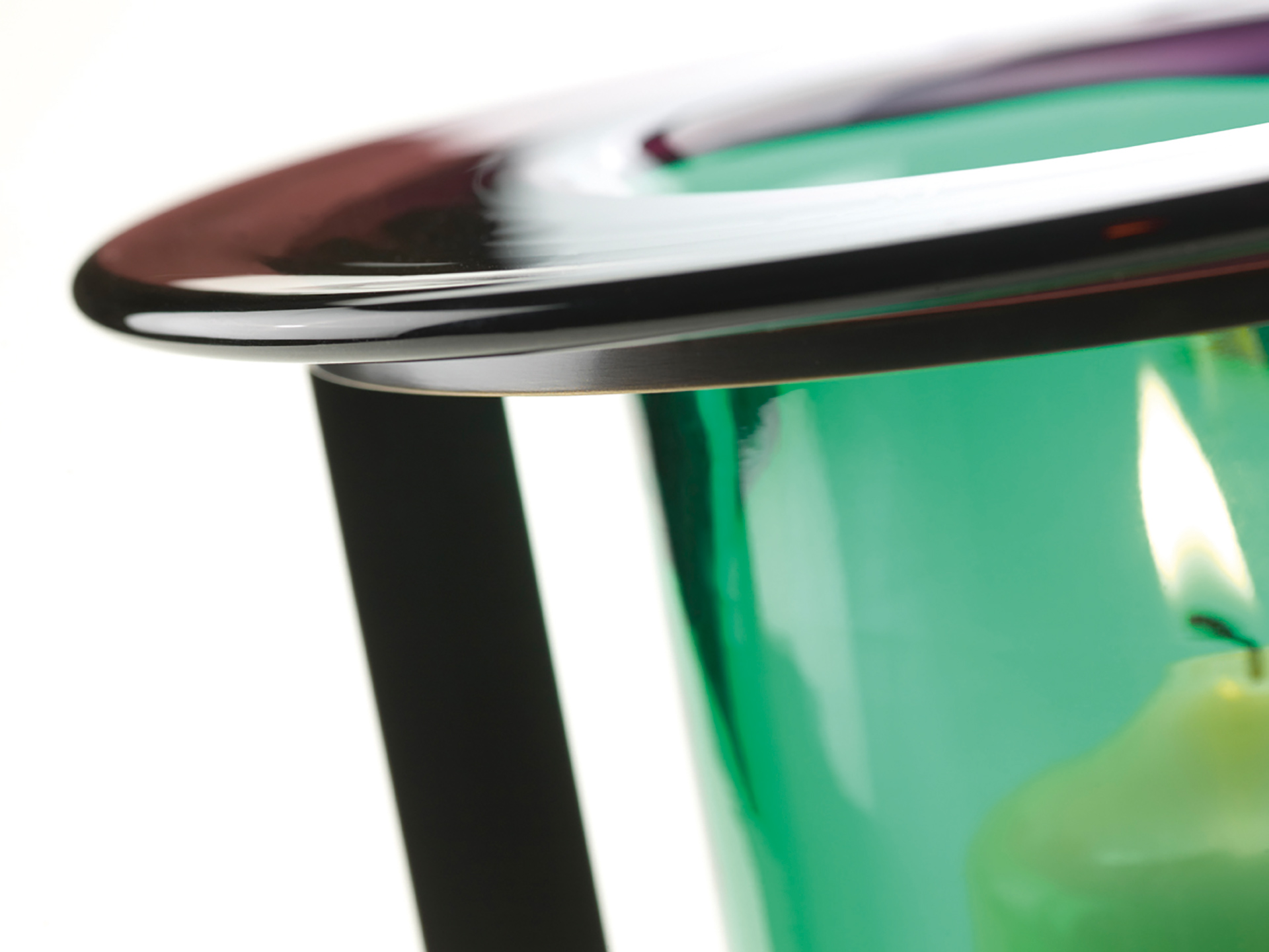 Detail of Vaso Canaletto, a Murano glass vase with bronze and Murano glass structure, available in different colors, from Promemoria's catalogue | Promemoria