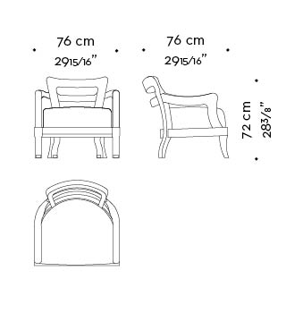 Dimensions of Topazia, an outdoor wooden armchair covered in fabric with bronze feet, from Promemoria's outdoor catalogue | Promemoria