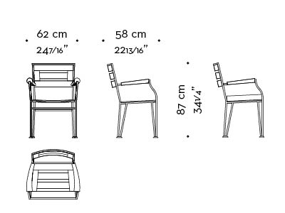 Dimensions of Cernobbio, an outdoor bronze chair with armrests, from Promemoria's outdoor calatague | Promemoria
