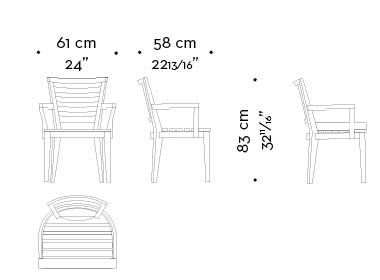 Dimensions of Varenna, an outdoor wooden chair with or withour armrests and fabric cushion, from Promemoria's outdoor catalogue | Promemoria