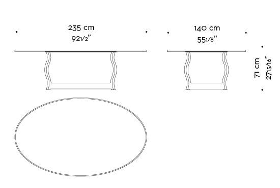 Dimensions of Erasmo, an outdoor dining table with bronze base and marble top, from Promemoria's outdoor catalogue | Promemoria