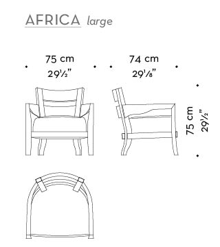 Dimensions of Africa Large, a wooden armchair covered in fabric or leather, from Promemoria's catalogue | Promemoria