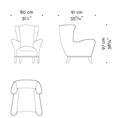 Dimensions of Bluette, a wooden armchair covered in fabric or leather, from Promemoria's Night Tales collection | Promemoria