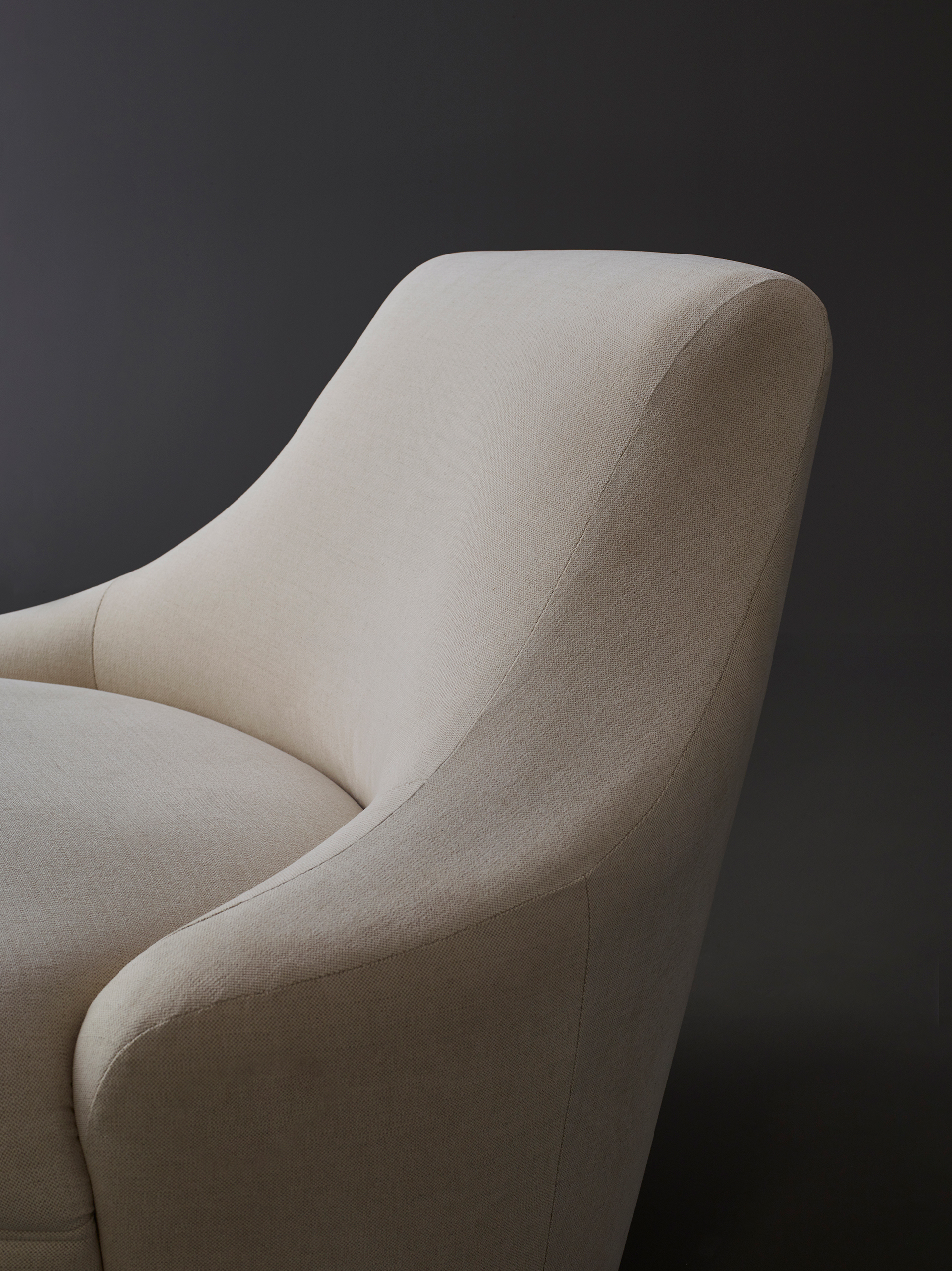 Gioconda and Giocondina are two fabric armchairs available with leather details, from Promemoria's catalogue | Promemoria
