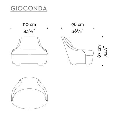 Dimensions of Gioconda, a fabric armchair with leather details, from Promemoria's catalogue | Promemoria