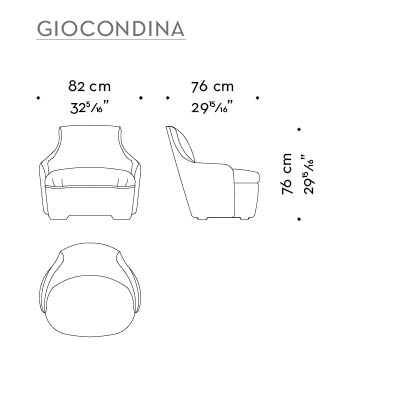 Dimensions of Giocondina, a fabric armchair available with leather details, from Promemoria's catalogue | Promemoria