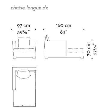 Dimensions of Wanda, a wooden chaise longue covered in fabric, from Promemoria's catalogue | Promemoria