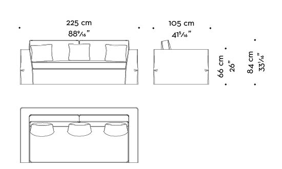 Dimensions of Oscar, a sofa completely covered in removable fabric, from Promemoria's catalogue | Promemoria