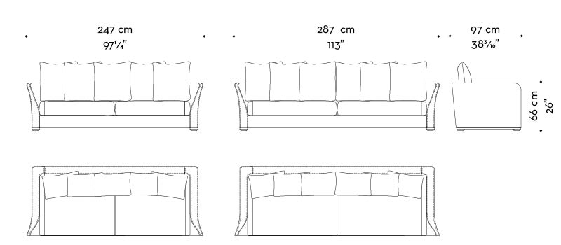 Dimensions of Shangri-la, a wooden sofa covered in leather and fabric, from Promemoria's catalogue | Promemoria