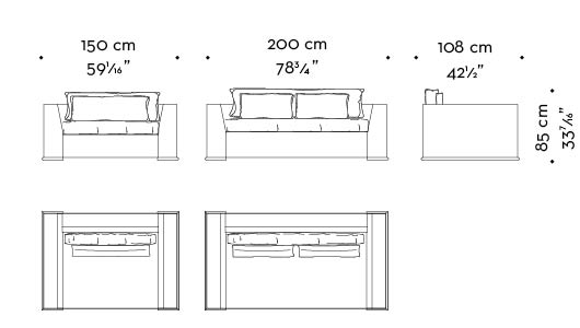 Dimensions of Ulderico, a wooden sofa covered in fabric from Promemoria's catalogue | Promemoria