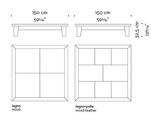 Dimensions of square Eduardo, a wooden coffee table from Promemoria's catalogue | Promemoria