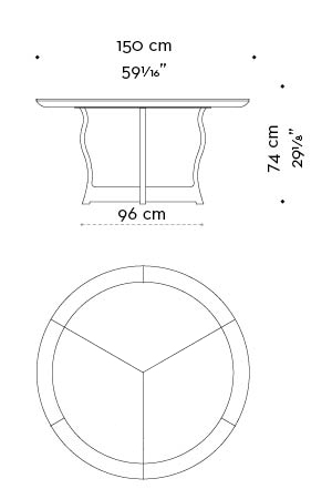 Dimensions of circular Erasmo, a bronze dining table with wooden or leather top, from Promemoria's catalogue | Promemoria