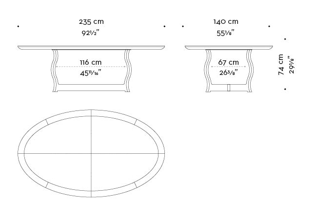 Dimensions of oval Erasmo, a bronze dining table with wooden or leather top, from Promemoria's catalogue | Promemoria