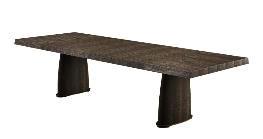 Goffredo è un tavolo da pranzo in legno con base in bronzo e top a quadri o righe, del catalogo di Promemoria | Promemoria